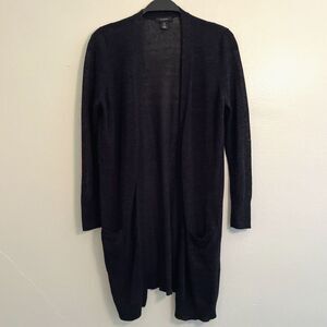 HALOGEN Open Linen Blend Knit Two Pocket 3/4 Sleeve Cardigan, Charcoal Gray- XS